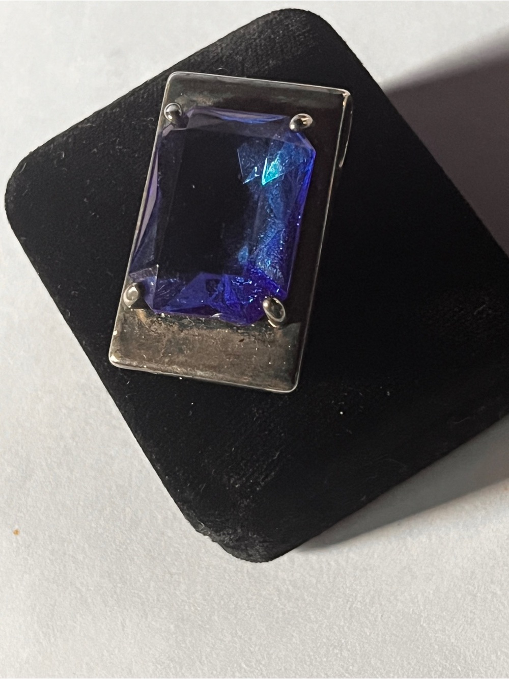 Lg Blue Glass Silver Pendant for Necklace Estate Jewelry